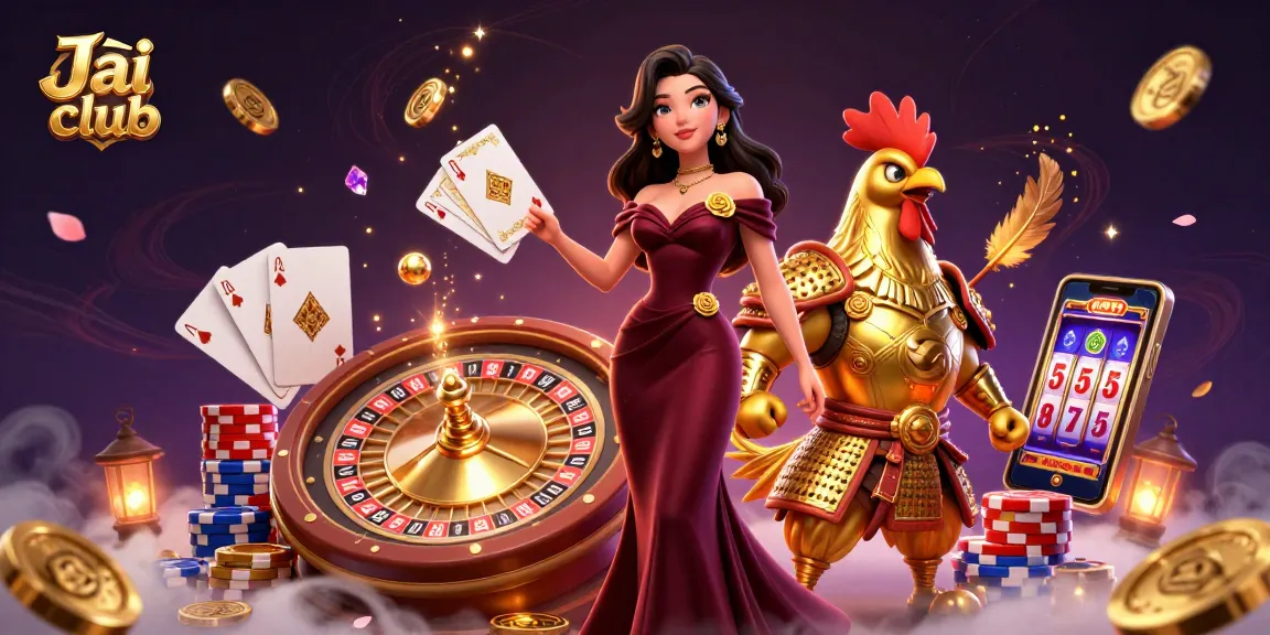 Engage with the Jai club atmosphere, illuminated by golden casino elements and vibrant characters.