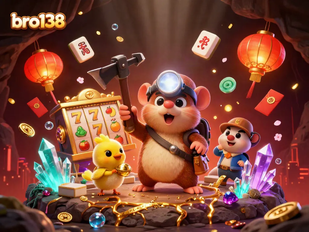 Experience thrilling wins at bro138 with vibrant slot reels and a treasure hunter in action.
