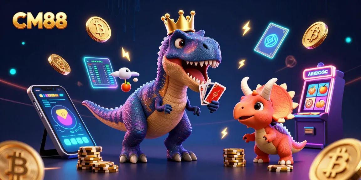 CM88 illustrates friendly dinosaur characters engaging in casino activities, showcasing vibrant gambling elements.