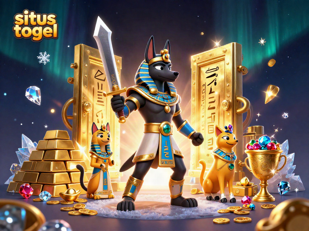 Situs togel themed illustration showcasing Anubis and Bastet amidst treasures and casino elements.