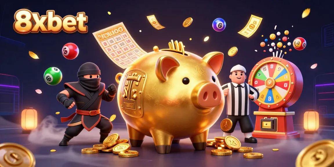 Engage in thrilling casino excitement with 8xbet's golden piggy bank sumo wrestler, vibrant lottery balls, and dynamic gaming features.