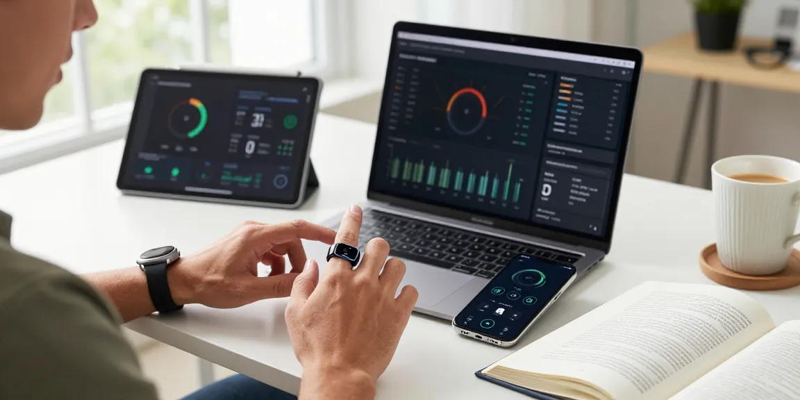 Engaging scene of a tech enthusiast showcasing a smart ring's features at a modern workspace.