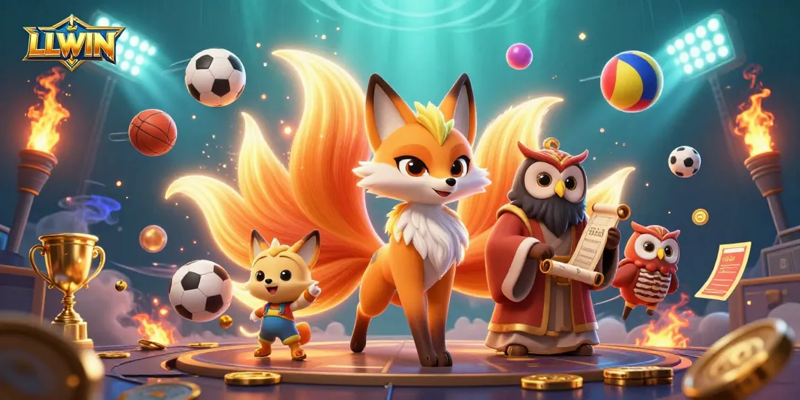 Experience LLWIN’s vibrant gaming world with a nine-tailed fox, owl sage, and dynamic sports elements.
