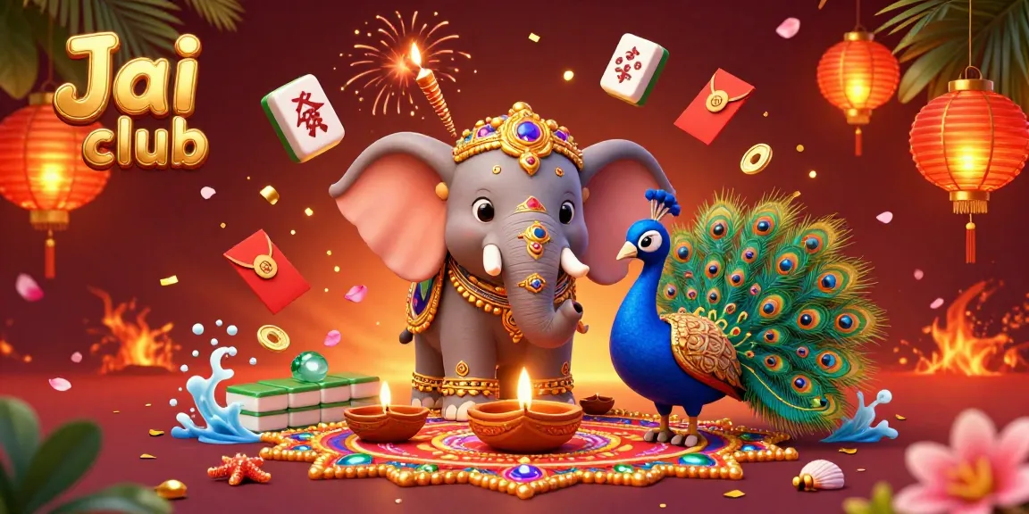 Engage with Jai club's vibrant games alongside a Diwali-themed elephant and peacock in a dynamic casino scene.