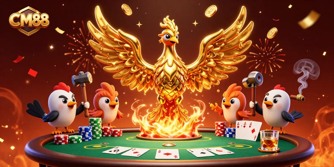 Engage in thrilling gameplay at CM88 with a vibrant 3D illustration of golden phoenix surrounded by poker elements.
