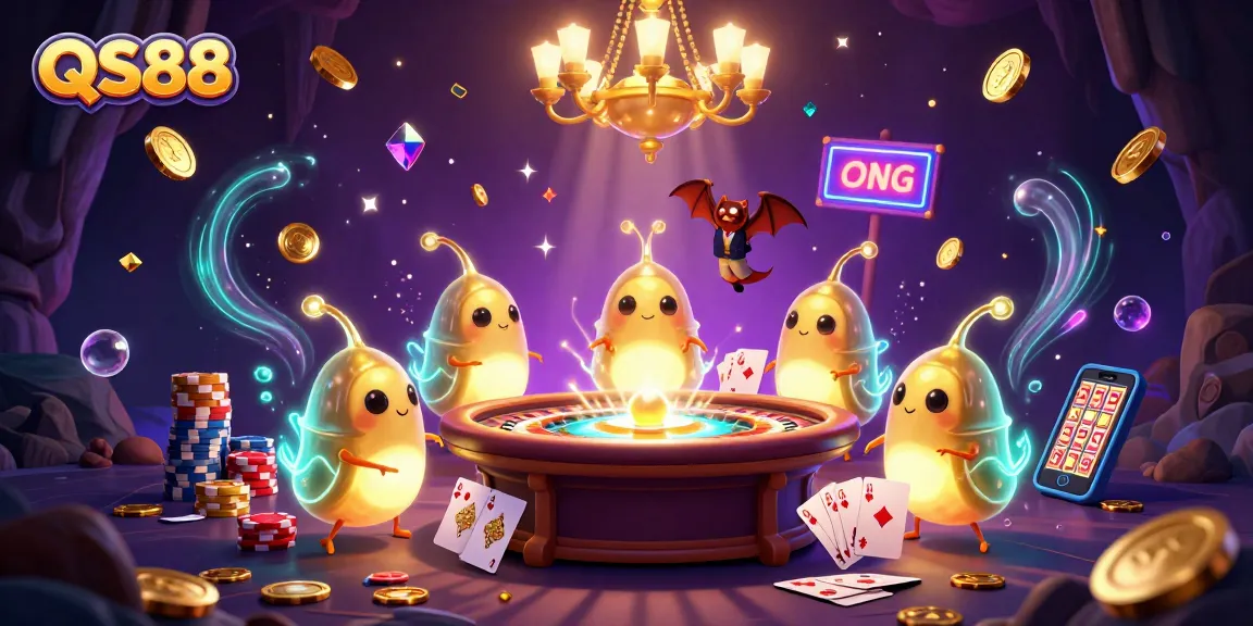 Experience the vibrant QS88 casino with glowworms lighting up the scene, showcasing games and excitement.