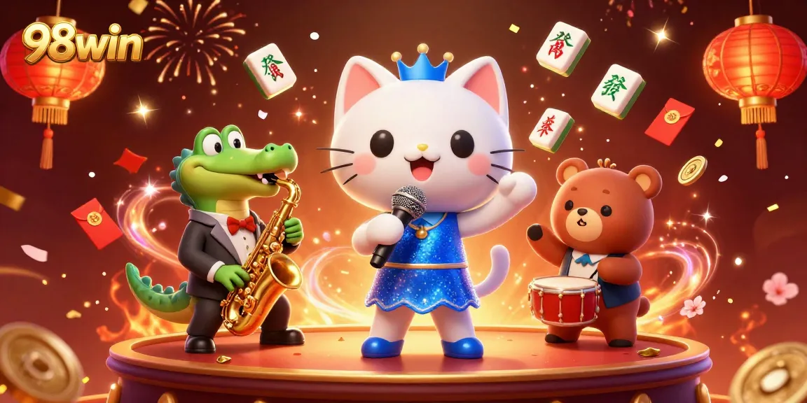 Experience vibrant excitement at 98win casino with a jazzy cat singer, celebrating in a dynamic scene filled with luck and riches.