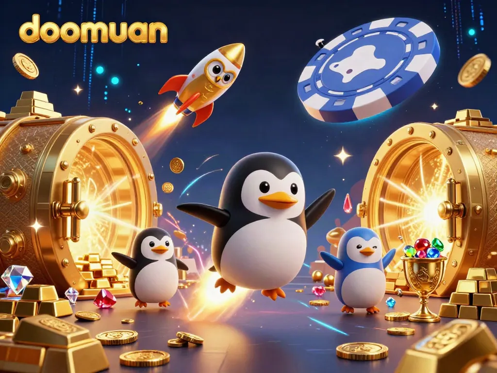 Watch the doomuan penguin rocket to a casino chip station in this vibrant space illustration.