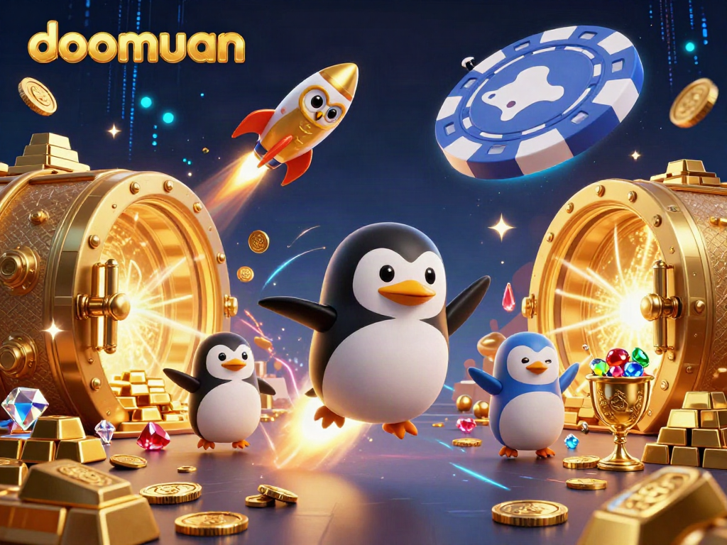 Watch the doomuan penguin rocket to a casino chip station in this vibrant space illustration.