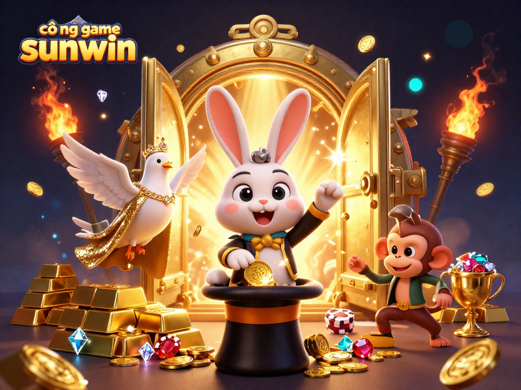 Cổng game sunwin features energetic 3D illustration with a magician rabbit, dove, and monkey amidst casino treasures.