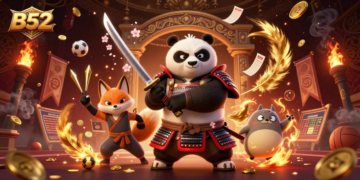 Bet on thrilling B52 sports events with samurai panda and ninja fox guide in dynamic action.
