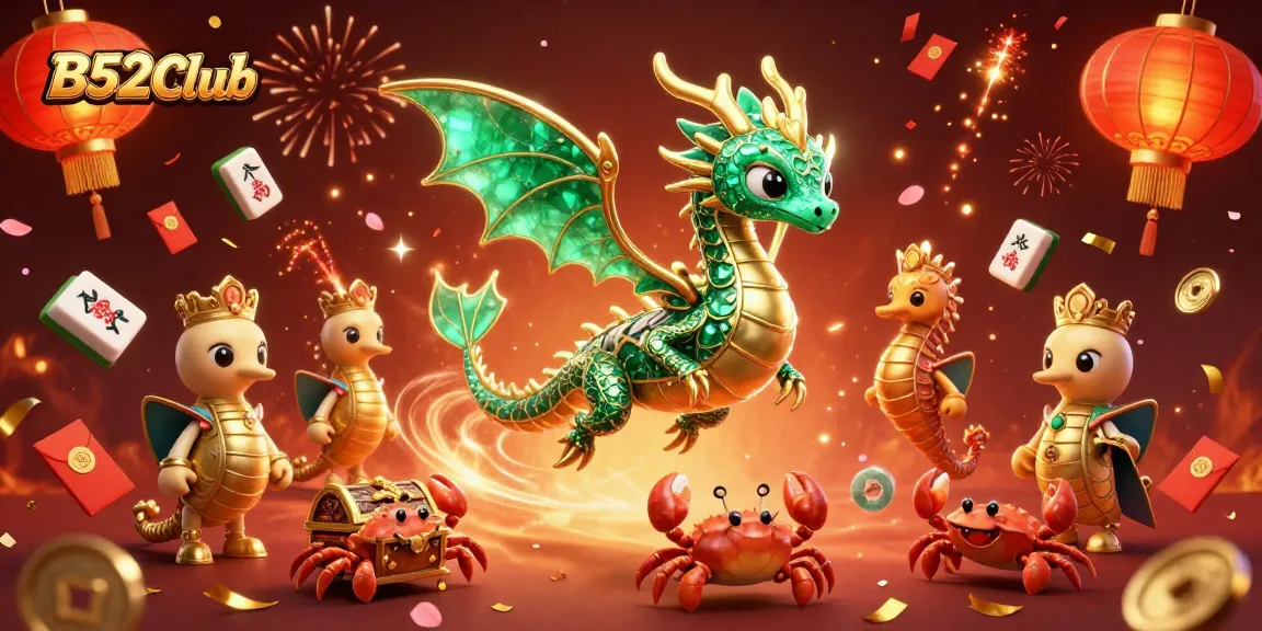 B52Club showcases an enchanting scene with a majestic sea dragon and vibrant game elements amidst fireworks and celebrations.