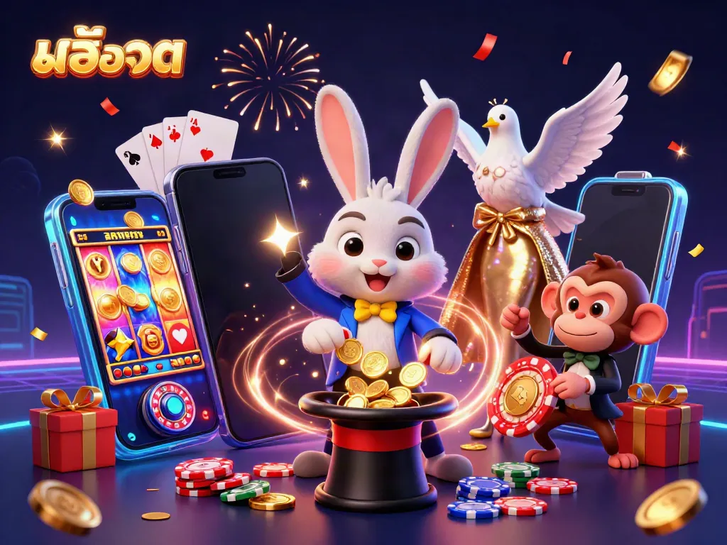 สล็อตและตัวละครการ์ตูนในคาสิโนกับเหรียญทองและเกมแสดงอยู่ทั่ว