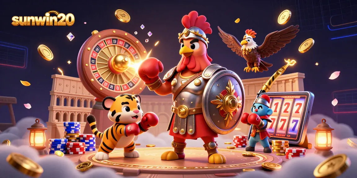 Engage in thrilling gameplay with sunwin20, showcasing a vibrant 3D scene featuring casino elements and dynamic characters.