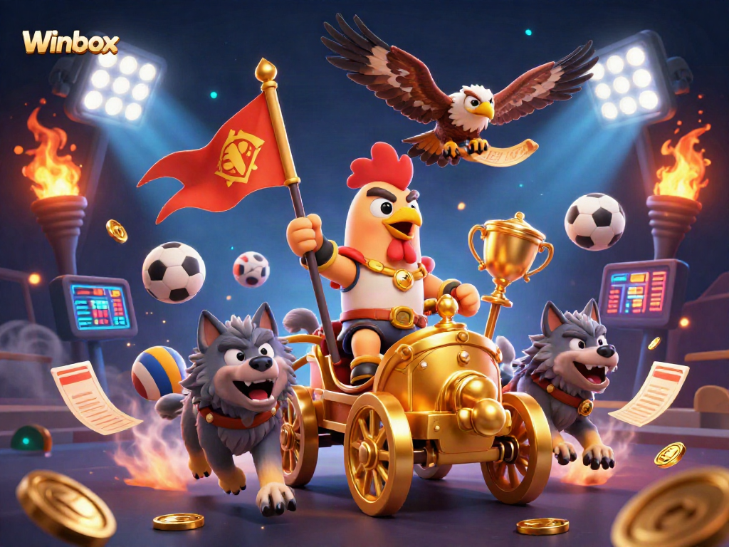Winbox casino illustration with a rooster warlord, sports elements, and golden accents creating a dynamic atmosphere.