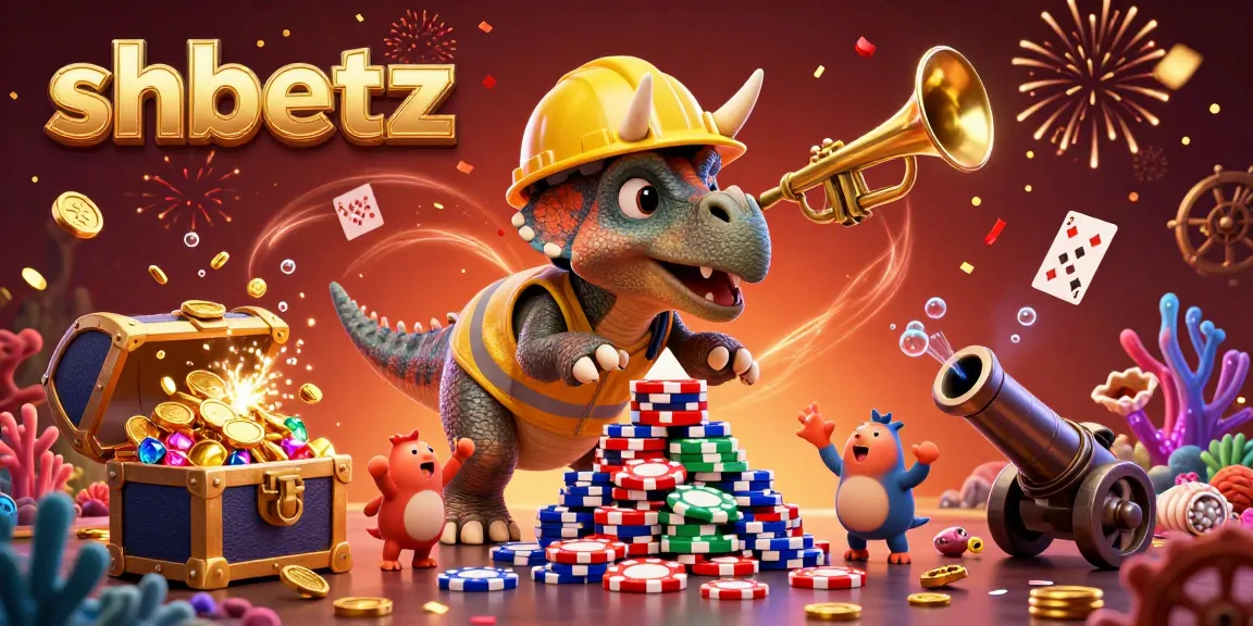 Engage with SHBETZ in a vibrant 3D casino scene featuring colorful characters and festive elements.