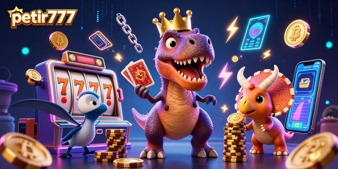 Engage with petir777 in a vibrant casino scene with T-Rex shuffling cards, surrounded by slot reels and crypto elements