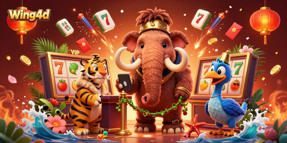 Engage with wing4d in this dynamic casino scene featuring a mighty mammoth bouncer and vibrant game elements.