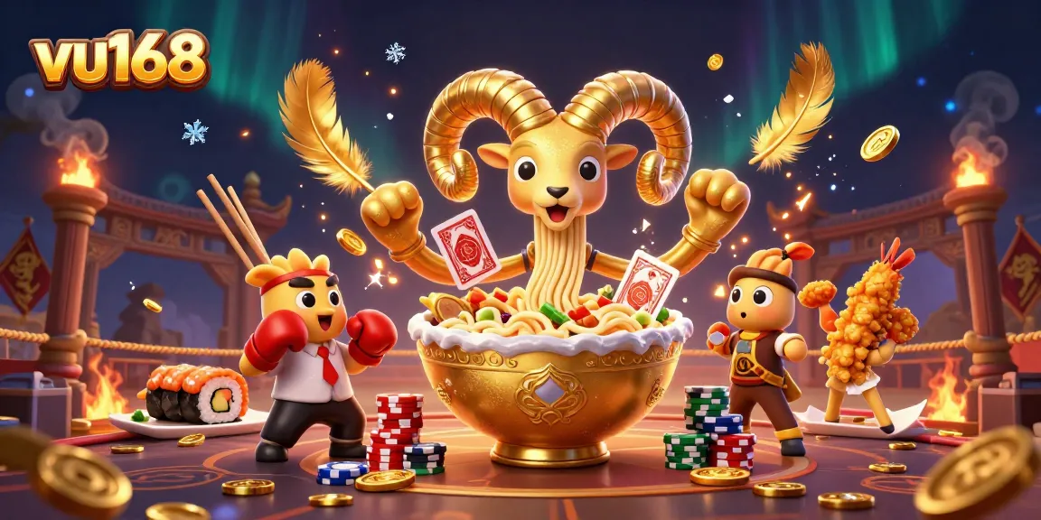 Experience thrilling sports betting action with vu168 featuring a dynamic ramen bowl character and vibrant casino elements.