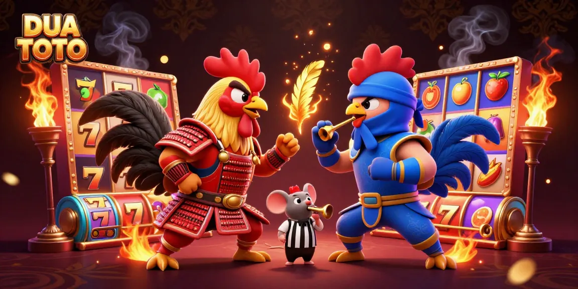 DUA TOTO menghadirkan pertarungan ayam 3D menarik di mesin slot dengan simbol keberuntungan.