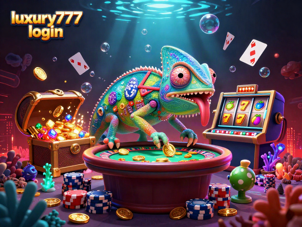Masuk ke luxury777 login dengan mudah melalui ilustrasi kasino ceria yang menggambarkan chameleon dan elemen permainan.