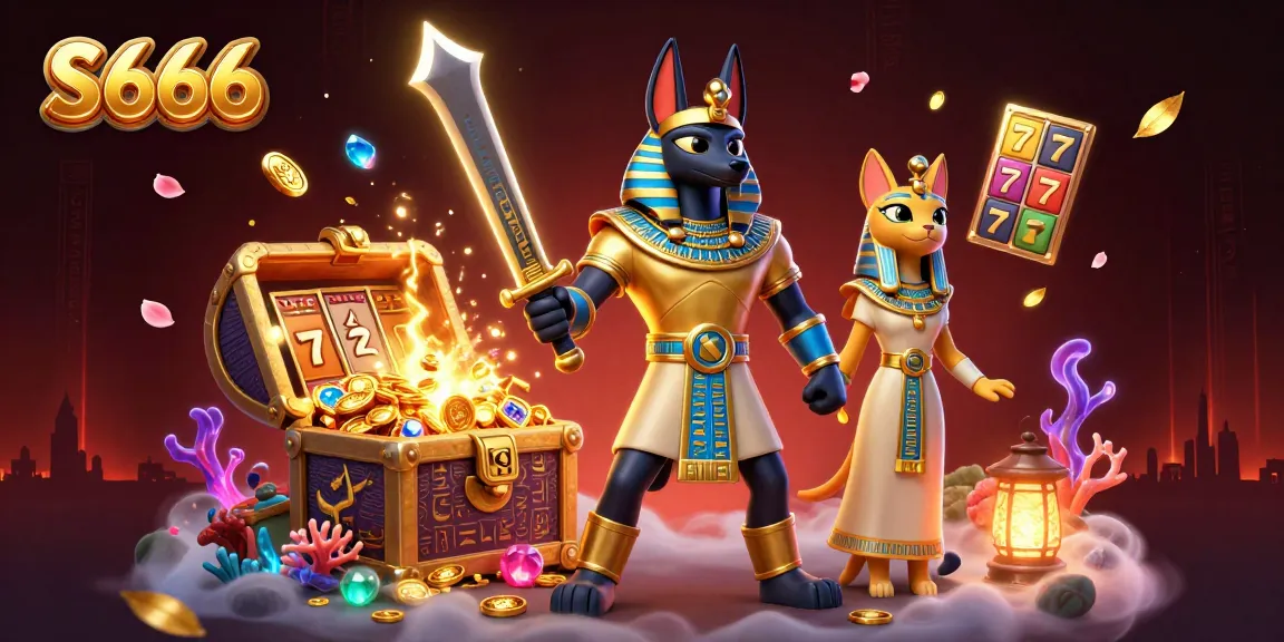 Play exciting games with S666 featuring Anubis and treasures amidst vibrant casino elements.