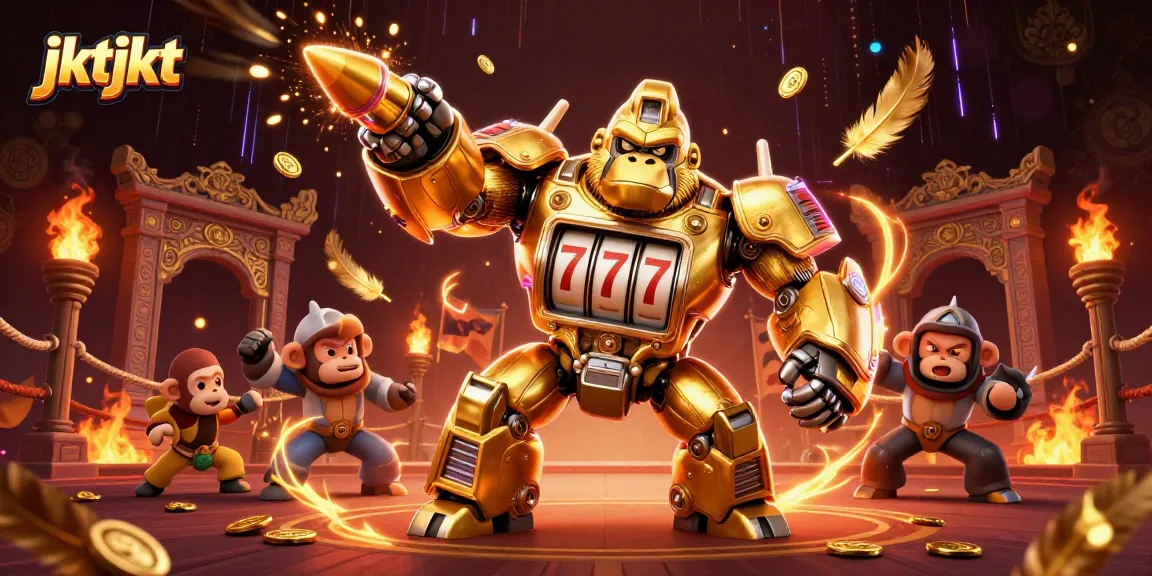 JKTJKT menampilkan gaming slot seru dengan gorila emas yang menjadi mesin slot, penuh energi!