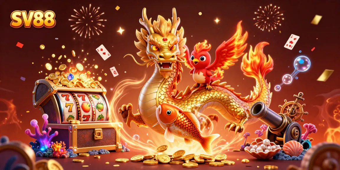 Experience thrilling gameplay with SV88 as a fierce dragon and phoenix soar through a vibrant casino.