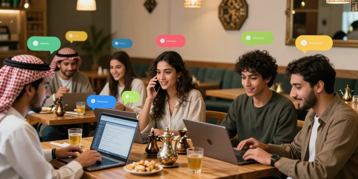 Engaging شات عربي conversation in a lively café setting with diverse friends.