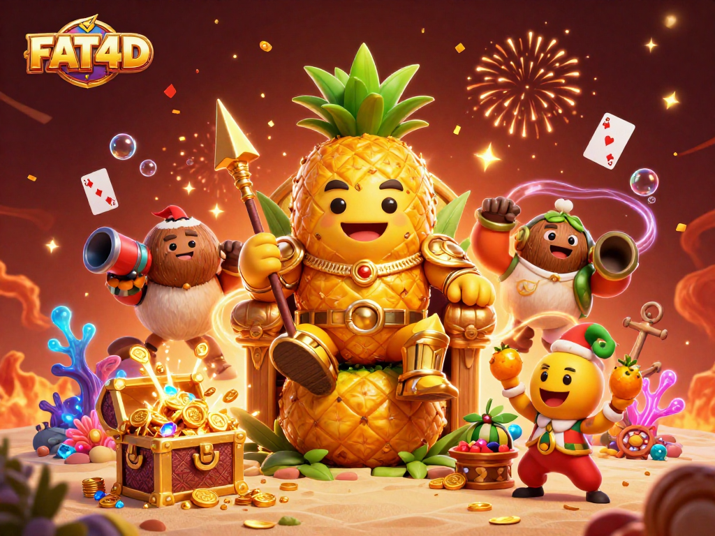 Experience FAT4D's exciting gaming journey with the golden pineapple king among vibrant casino treasures.