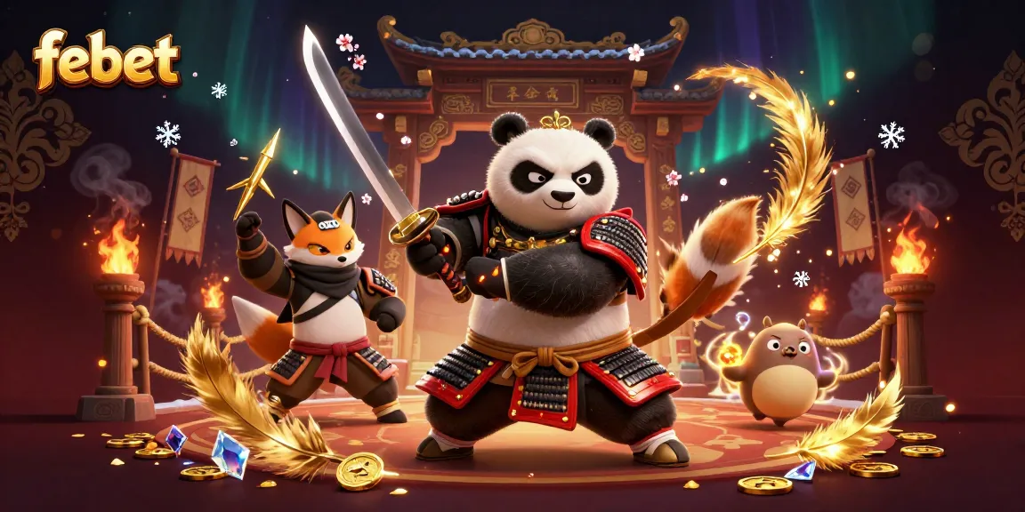 Experience high-stakes thrill with febet's dynamic gaming scene featuring samurai panda and ninja fox.