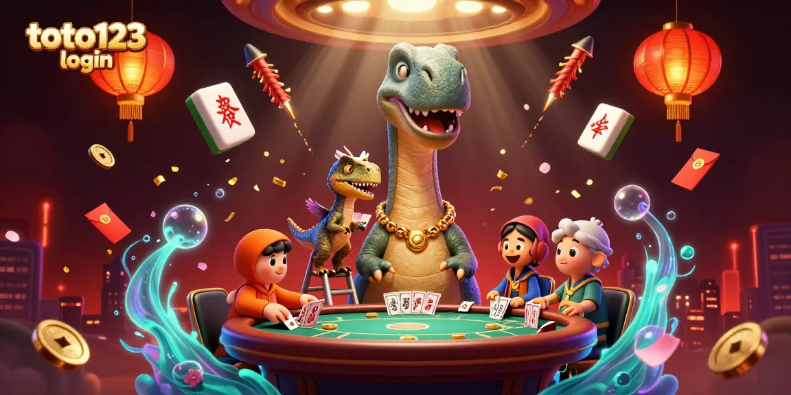 Engage with the dynamic scene of a 3D brontosaurus and raptor as they facilitate fun at a casino, highlighting toto123 login.