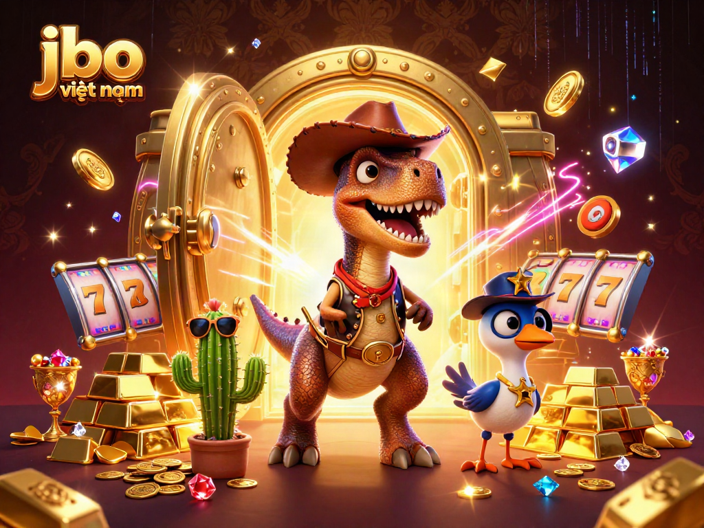 Engage with jbo việt nam's thrilling casino experience in a vibrant 3D illustration, featuring a T-Rex and lucky symbols.