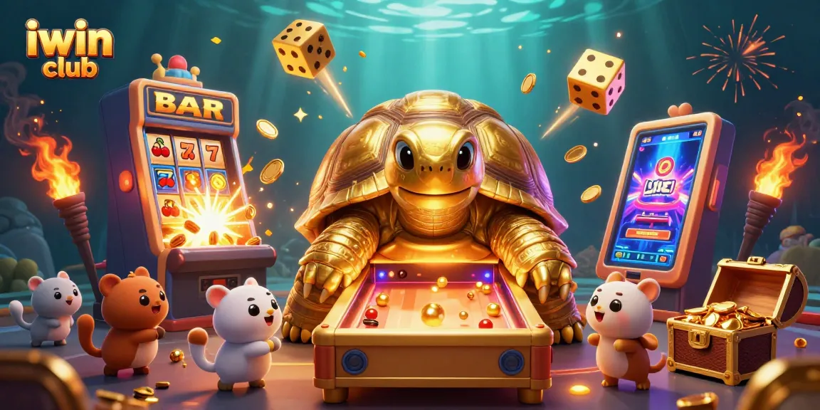 Experience exciting games at iwin club with a golden tortoise and dynamic casino elements.