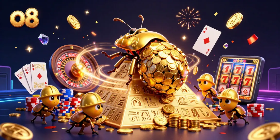 Experience the excitement of o 8 with a golden beetle and casino symbols in a rich, dynamic scene.