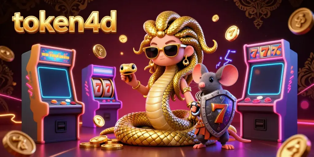 Slot mesin dan karakter Medusa yang lucu, menampilkan token4d dalam suasana kasino yang dinamis.