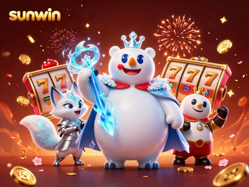 Spin and win with Sunwin in an enchanting casino celebration scene featuring an ice king and fox!