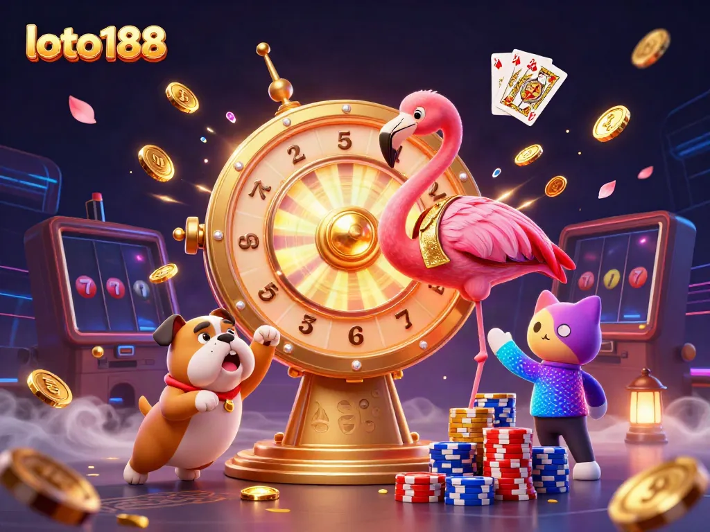 Win big with loto188 in this vibrant and dynamic casino scene featuring exciting game show elements.
