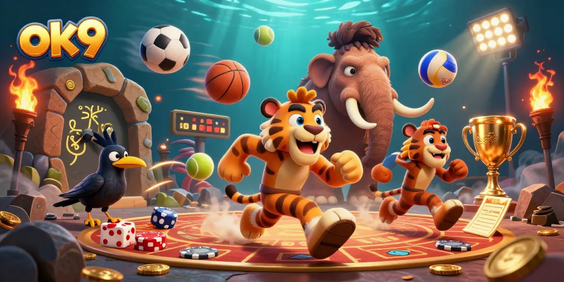 Experience exciting wins at ok9 with a playful 3D casino scene featuring dynamic sports elements and gaming action.