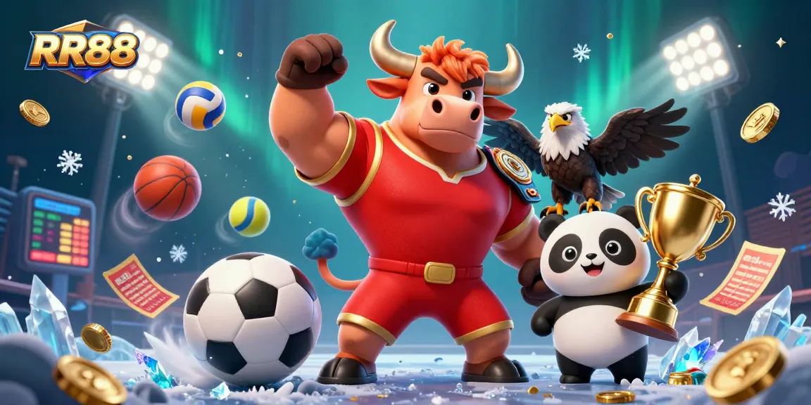 RR88 mascot celebrating with gold trophy, amidst dynamic sports betting elements and vibrant background.