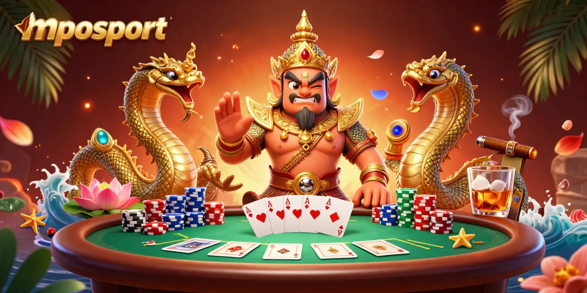 Engage in thrilling games at mposport with a dynamic casino scene featuring card games and vibrant gaming elements.
