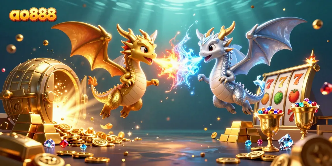 Engage with the dynamic magic of ao888 as cartoon dragons battle amidst slot reels and golden treasures.