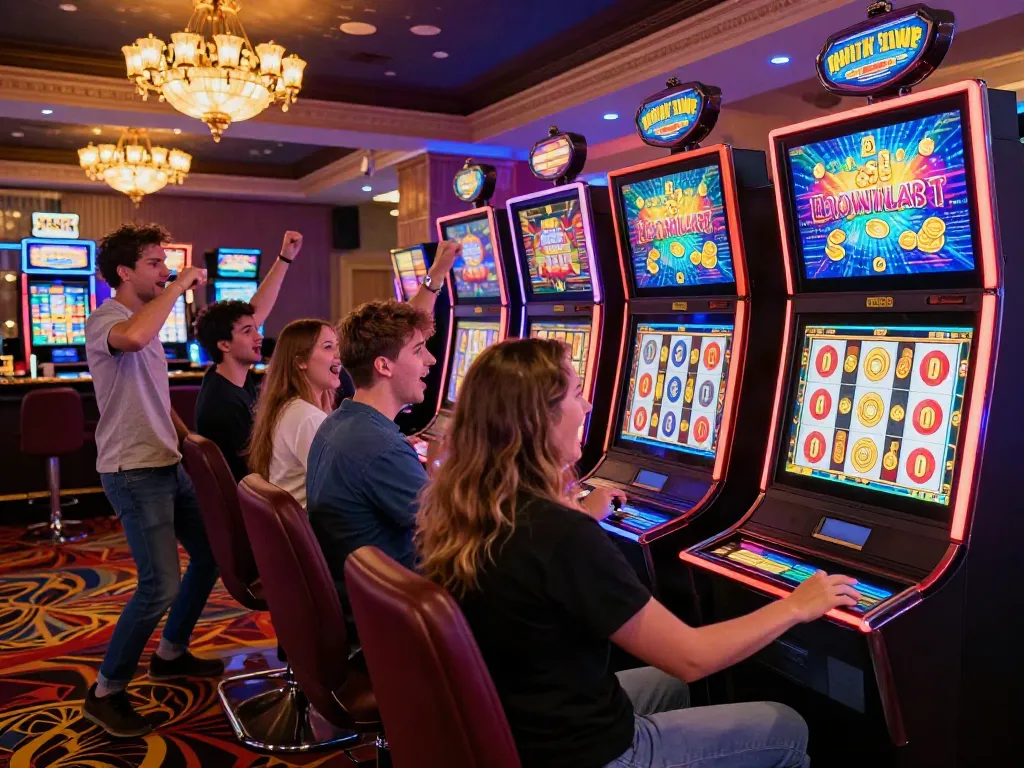 Exciting group playing slot online in a lively casino gaming room atmosphere