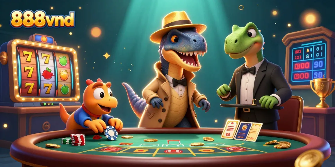 Experience the vibrant 888vnd casino action with a velociraptor card counter and playful characters.