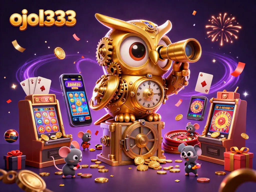 Engage with ojol333 by spinning colorful slot reels surrounded by casino-themed elements.