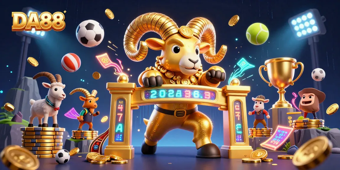 Experience the thrill of DA88 with a dramatic 3D illustration featuring dynamic sports elements and vibrant casino energy.