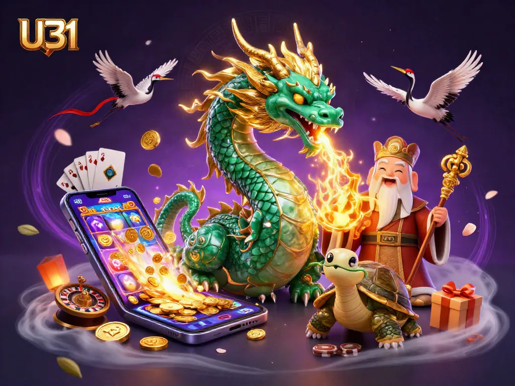 Experience the thrilling U31 online casino with a spectacular scene featuring a jade dragon and gaming elements.