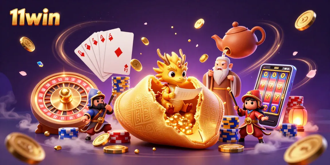 Engage with thrilling gameplay at 11win featuring golden coins and fortune cookie characters.