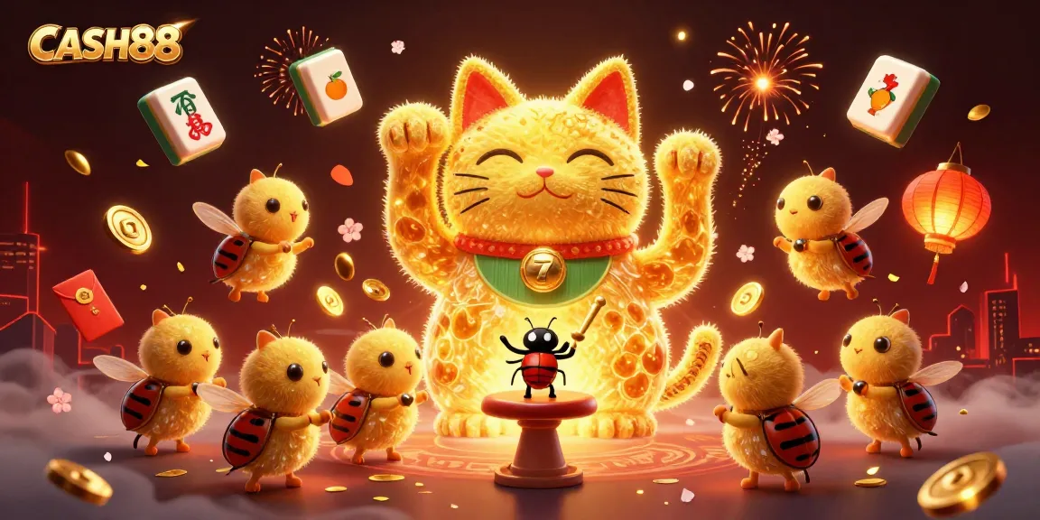 Engage with CASH88 through dynamic, festive 3D illustration of a lucky cat formed by golden fireflies, surrounded by vibrant casino elements.