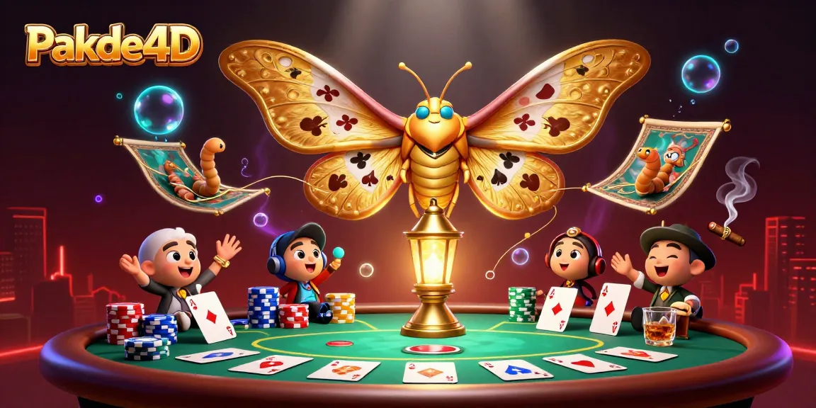 Pakde4D players enjoy a vibrant, immersive casino scene with poker elements and a striking moth, enhancing their gaming experience.